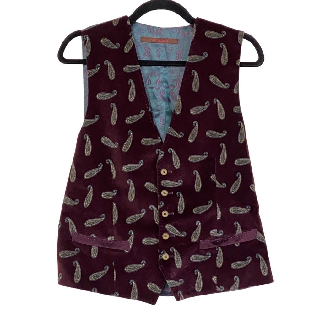 Ted Baker London Burgundy Paisley Print Velvet Vest Ted Sz 1 US Sz 4